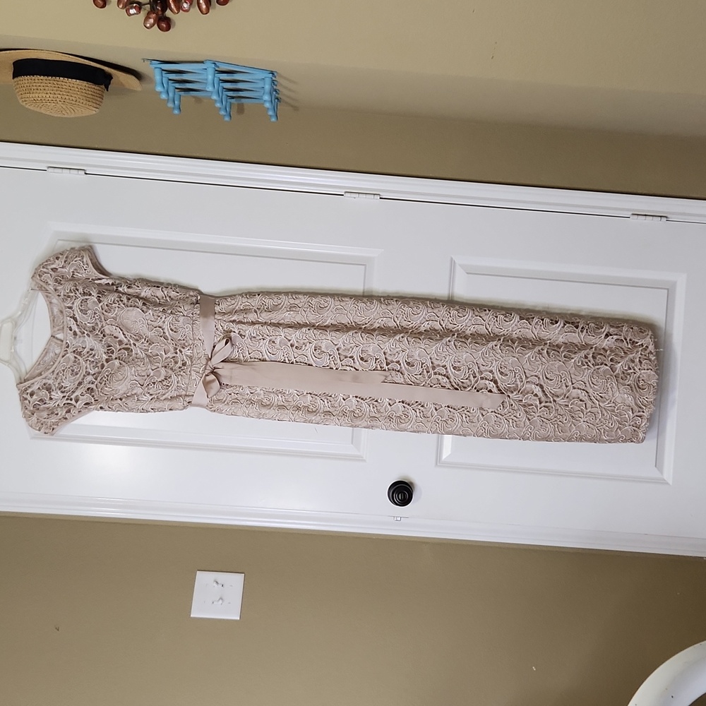 Adriana Papell beige, long, lace dress